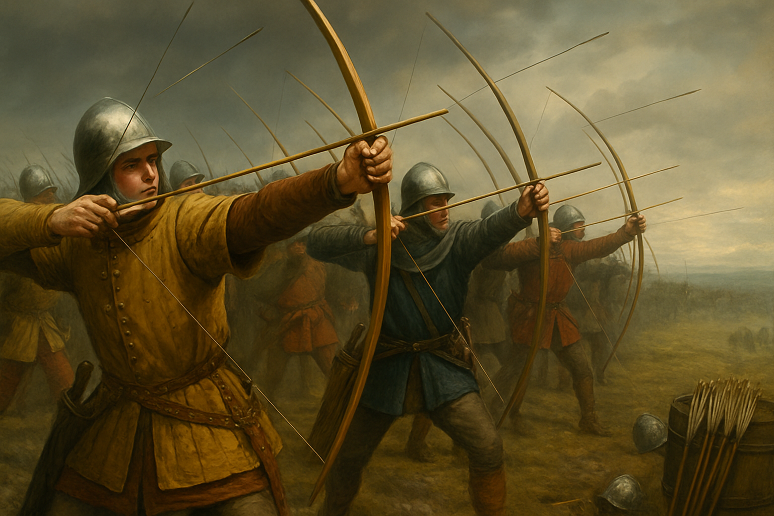 Historical depiction of English longbow archers in battle